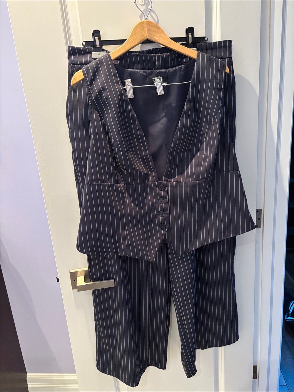 Cider Blue Pinstripe Vest & Wide-Leg Pants Set - Black